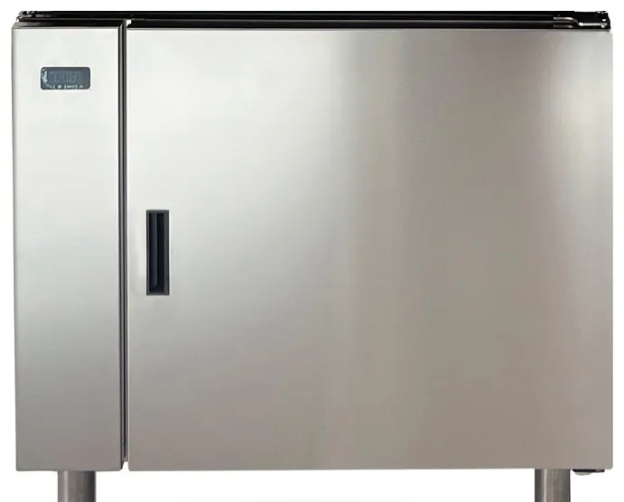 A closed stainless steel cabinet with one door