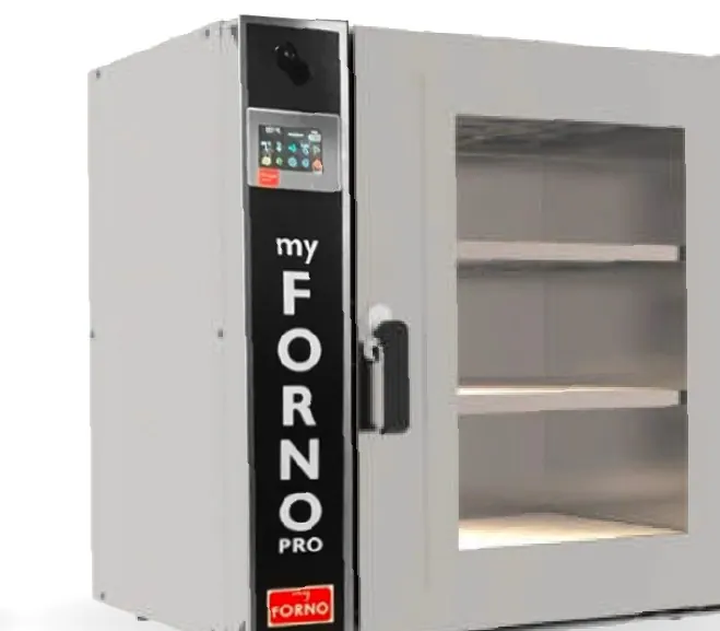 The MyForno Pro 3 in stainless steel, three decks behind a full glass door