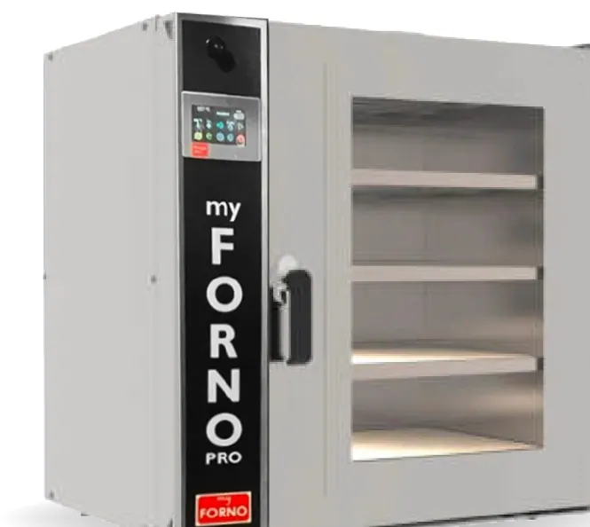 The MyForno Pro 4 in stainless steel, four decks behind a full glass door