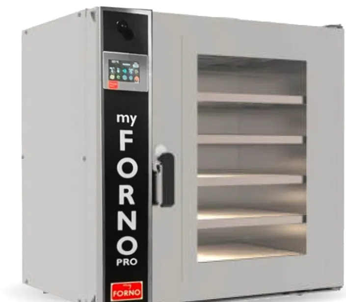 The MyForno Pro 5 in stainless steel, five decks behind a full glass door