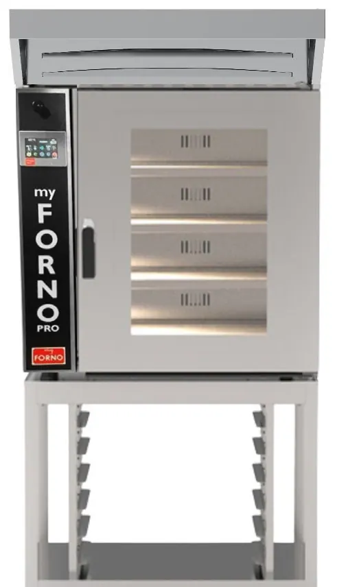 The Pro 4 with its exhaust hood, on a stand with tray rails