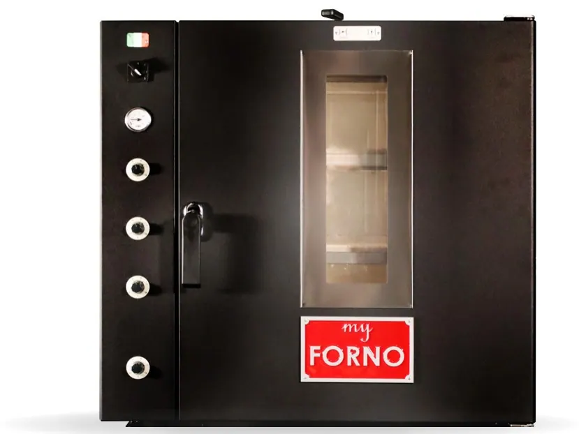 The MyForno Single Phase, matt black, three decks behind a window door