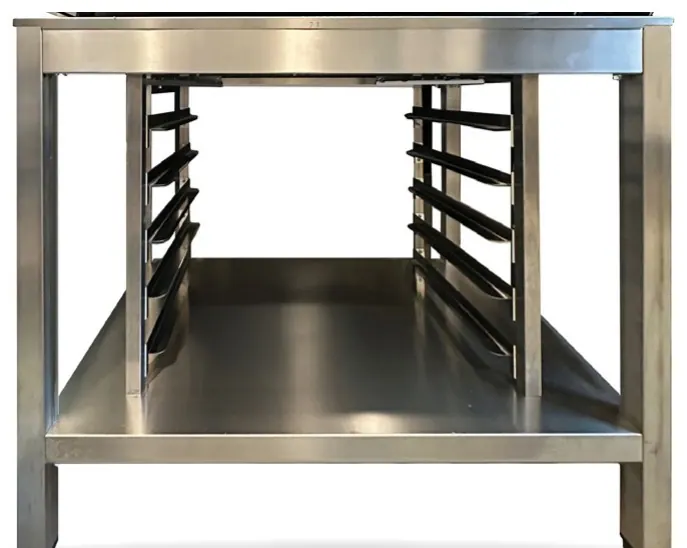 The stainless steel stand with tray rails on both sides and a shelf below